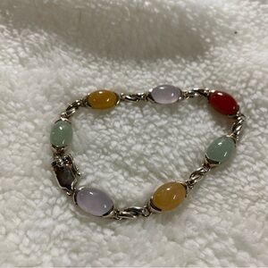 Chinese Export Sterling silver &multi colored jade cabochons bracelet 7.5” 18gra